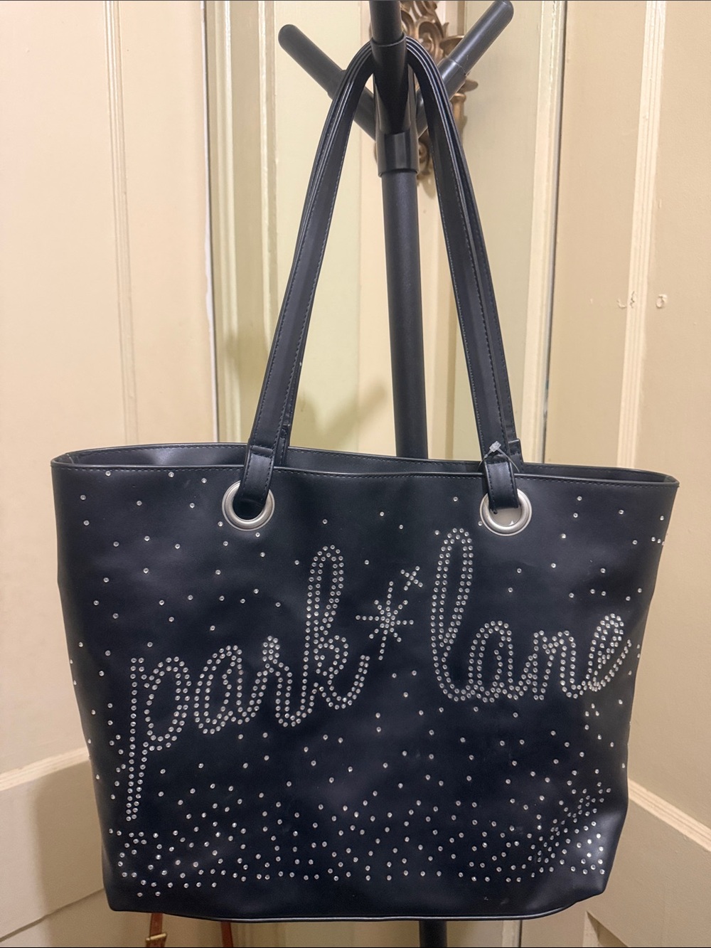 Black Studded Tote Bag with Script Detail